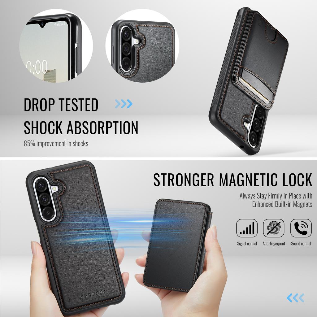 For Samsung Galaxy A26 5G Magnetic Case JEEHOOD J10 Leather Back Phone Cover with Detachable Card Holder Kickstand