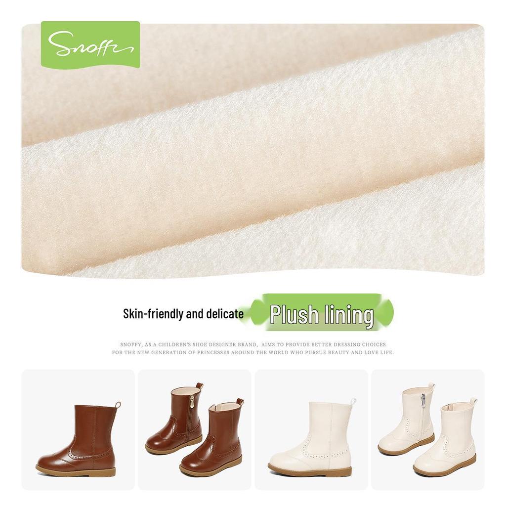 Snuffy Girls' White Leather Mid-Calf Boots - Stylish Warm Princess Boots for Autumn/Winter