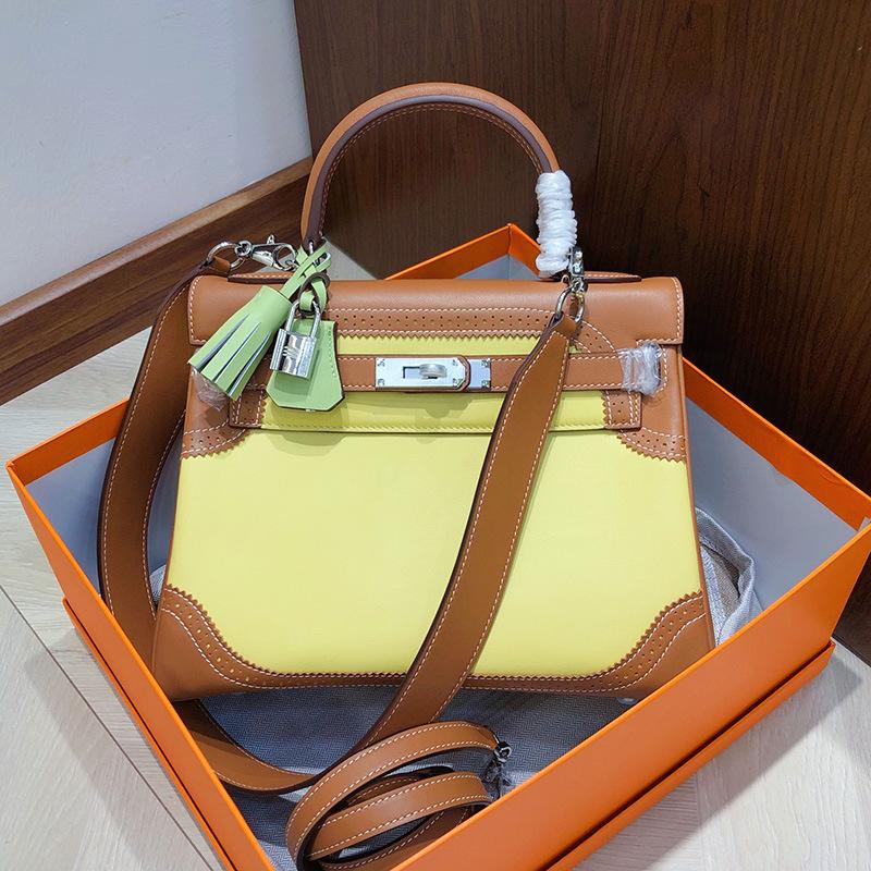 European and American Retro Fubao Leather Keli Bag Wide Shoulder Strap Leather Handbag Women's Fashion Casual Lock Single Shoulder Messenger Bag