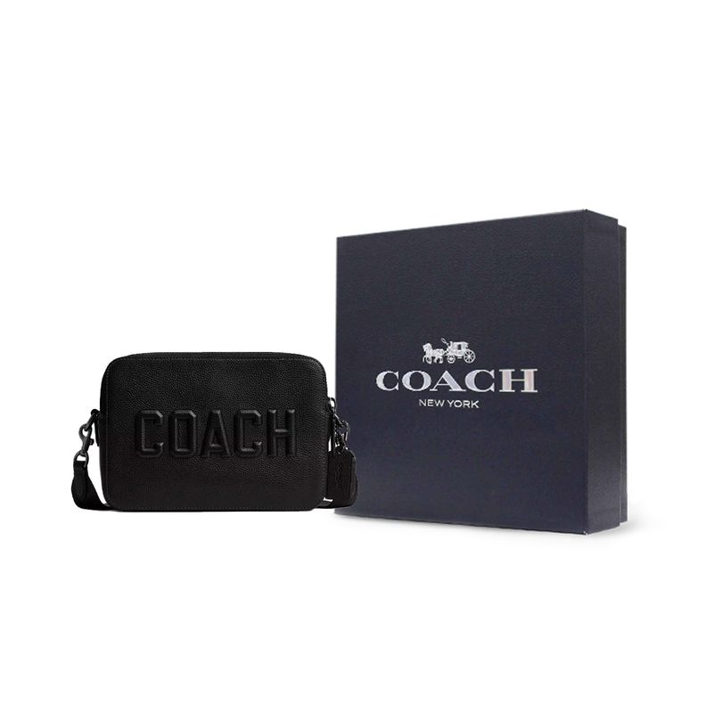 Coach Charter 24 Marke Logo Reißverschluss Leder Schulter Crossbody Tasche Mittel Herrentaschen Schwarz CV931-BLK