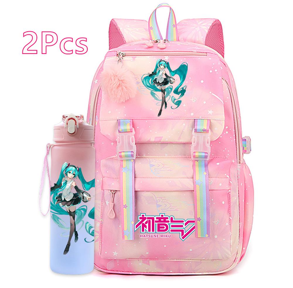 2 st/set Söt Hatsune Miku-tryckt Ryggsäck med 750 ml Vattenflaska för Tonårsflicka Pojke Skolväska Stor Kapacitet Vattentät Resväska Gåva