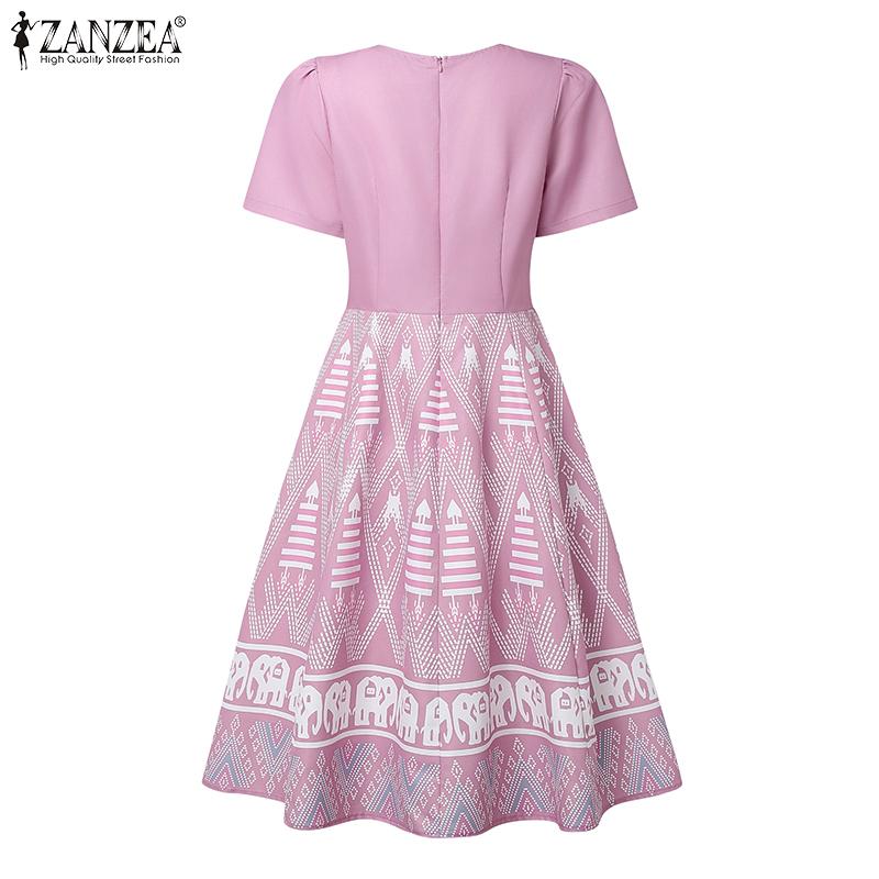 ZANZEA Women Summer Round Neck Short Sleeve Casual Patchwork Print Dress