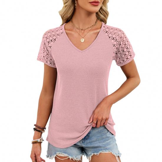 2026 Spring/Summer New Solid Color V-Neck Loose Lace Short-Sleeve T-Shirt for Women