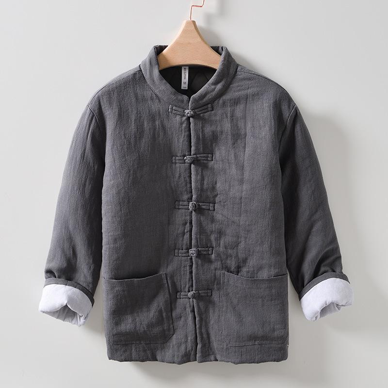 Autumn and Winter Warm Jackets for Men Chinese Style Traditional Buckle Padded Jacket Casual Stand Collar Cotton Linen Thicken Parkas Coat