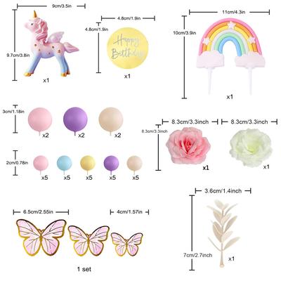 47PCS Unicorn  Rainbow Cake Topper Unicorn with Rainbow Butterflies Unicorn Balls Happy Birthday Cake Decorations for Party