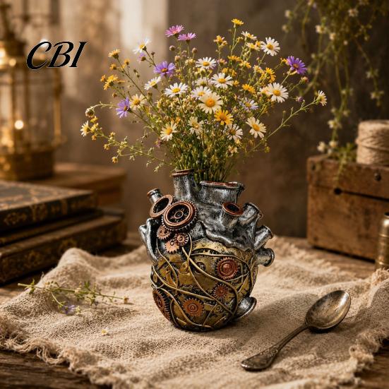 Study Room Decorative Ornament Heart Shape Vase Decor, Resin Flower Pot, Retro Multi Hole Sculpture Planters, Funny Table Centerpiece for Living Desk