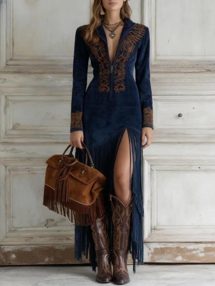 Light Blue Long Sleeve Embroidered Boho Dress with Slit and Fringe