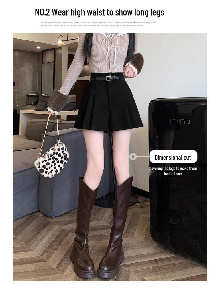 Women's 2024 High-Waist Khaki Woolen Pleated A-Line Shorts for Autumn/Winter