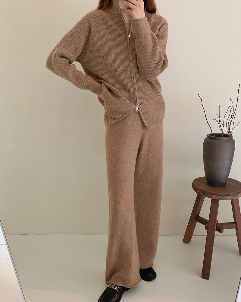 Women's European & American Style Thick Knit Zipper Cardigan Sweater + Wide-Leg Pants Two-Piece Set for Autumn/Winter