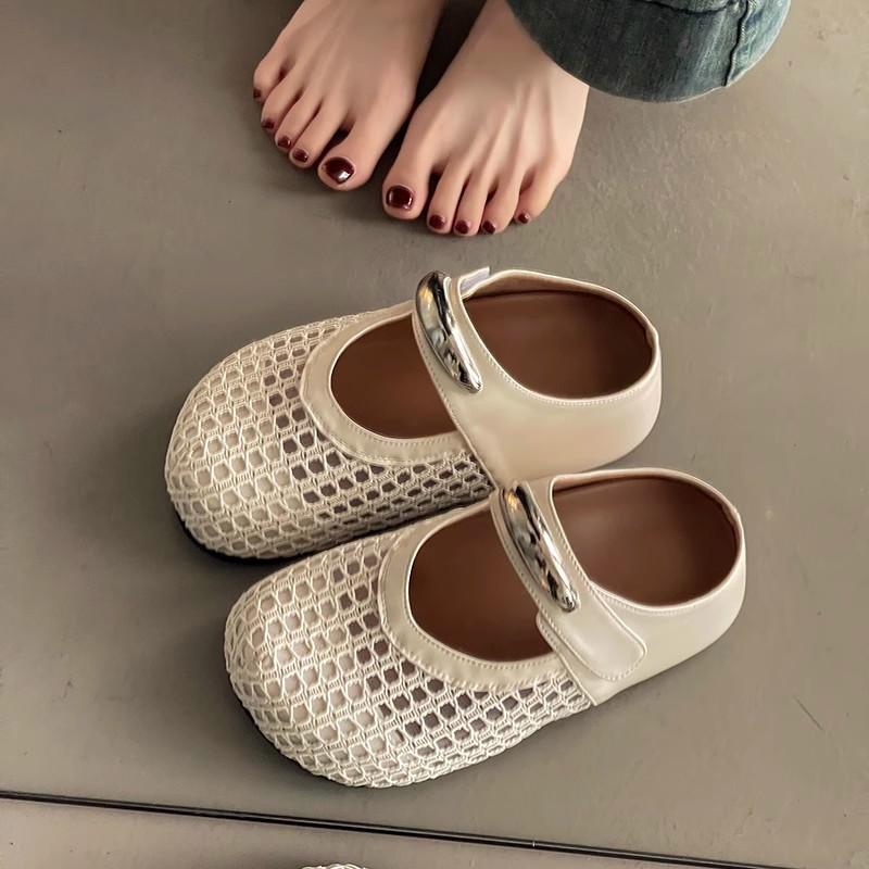 New summer fashion low heel hollow Mary Jane shoes inner height increase flat bottom woven breathable round head casual hole shoes