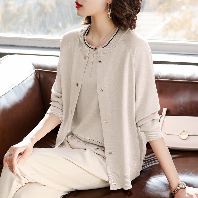 

2 шт. Вязаные топы Весна Осень Женский вязаный кардиган Тонкая вязаная футболка с коротким рукавом Костюмы из двух предметов Вязаная куртка с открытой передней частью и футболка XL бежевый