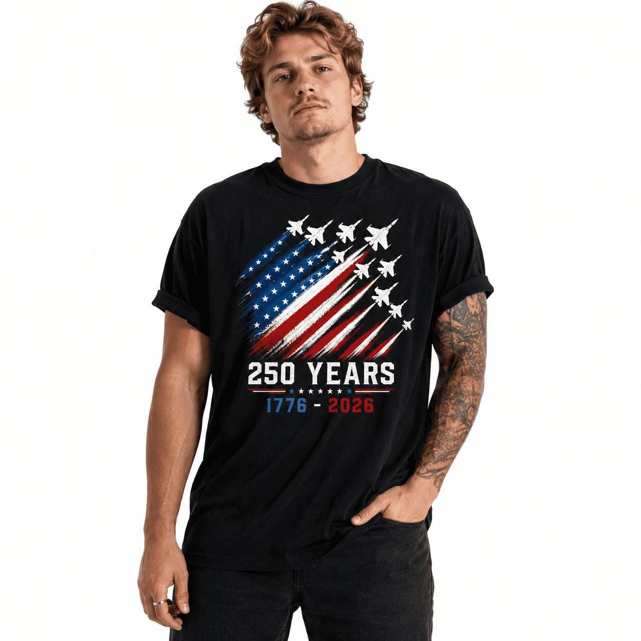USA 250th Anniversary Jet Fighter Patriotic 1776-2026 Freedom T-Shirt S