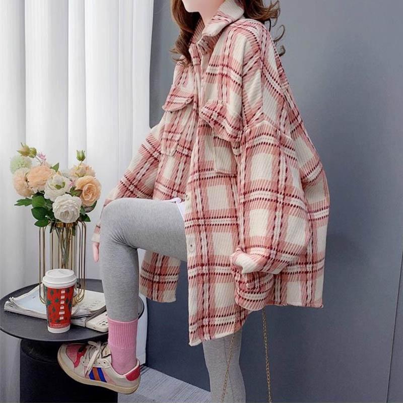 Shirt Jacket Women Plaid Large Size Loose Long-sleeved Versatile Buttons Jacket