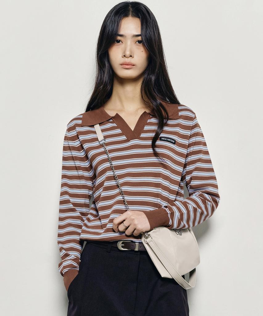 Nigaennikol Multi Stripe V-Neck Collar Knit_Brown