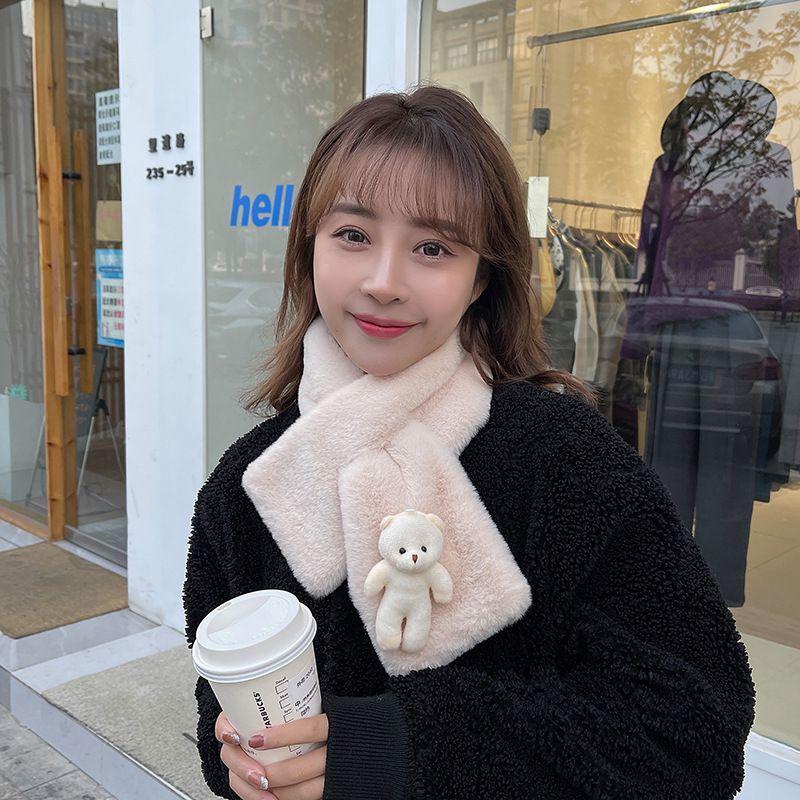 Women's Cute Korean-Style Plush Bear Scarf - Warm & Versatile for Autumn/Winter