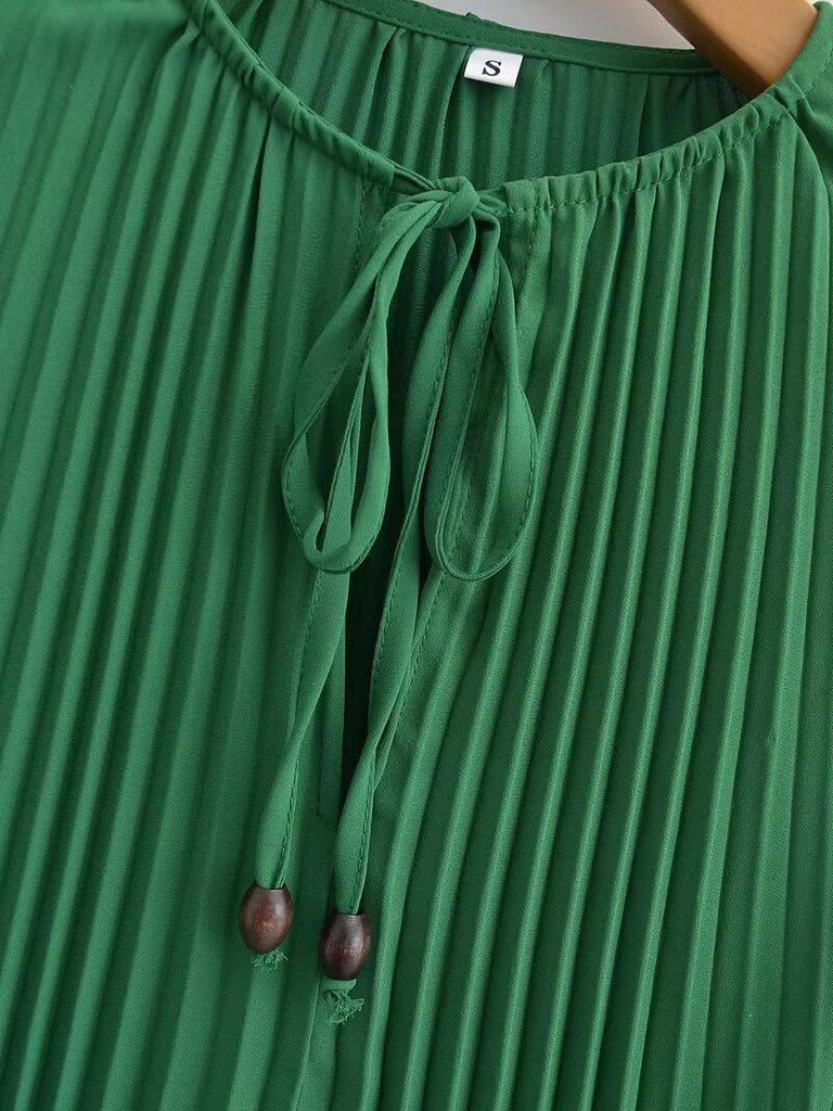 2025 Spring/Autumn Women's Fashion Crew Neck Long Sleeve Belted Pleated Maxi Dress