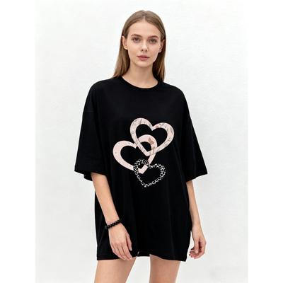 Oversized T Shirt Black Heart Pattern Graphic Print Casual Wear for Women Summer Fashion Street Style Top
