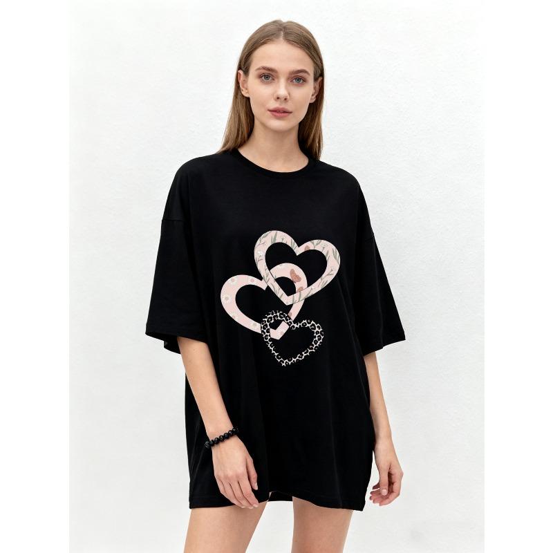 Oversized T Shirt Black Heart Pattern Graphic Print Casual Wear for Women Summer Fashion Street Style Top
