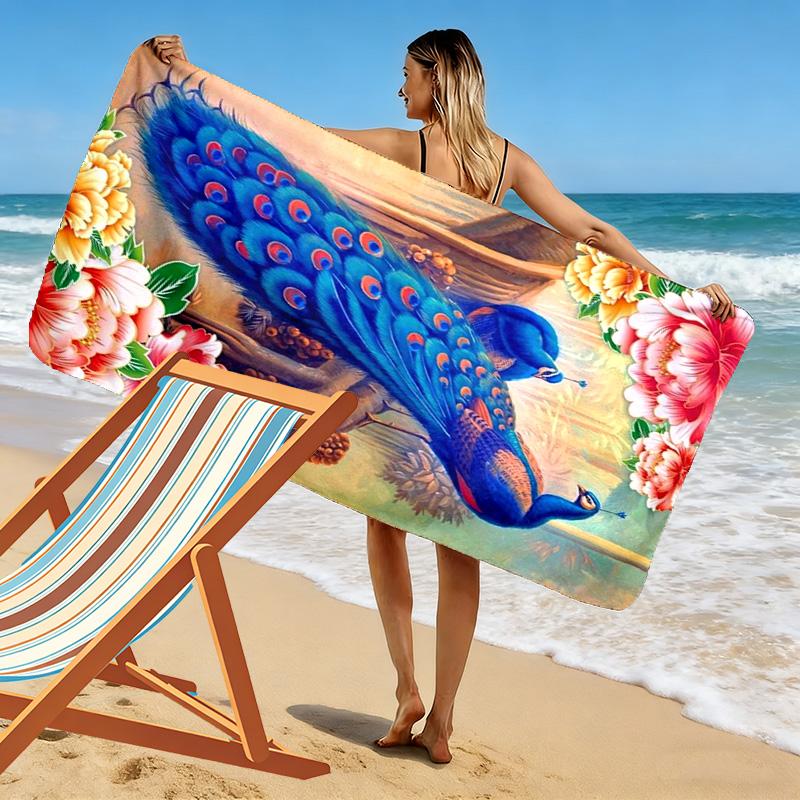 Peacock Oil Painting Print Beach Towel, Large Soft Quick Dry Towel for Beach Camping Swimming
