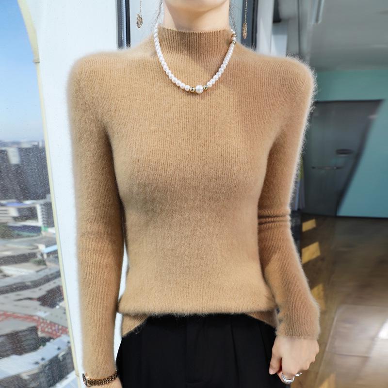 Women's 2025 Autumn/Winter Half-High Ribbed Slim-Fit Knit Sweater