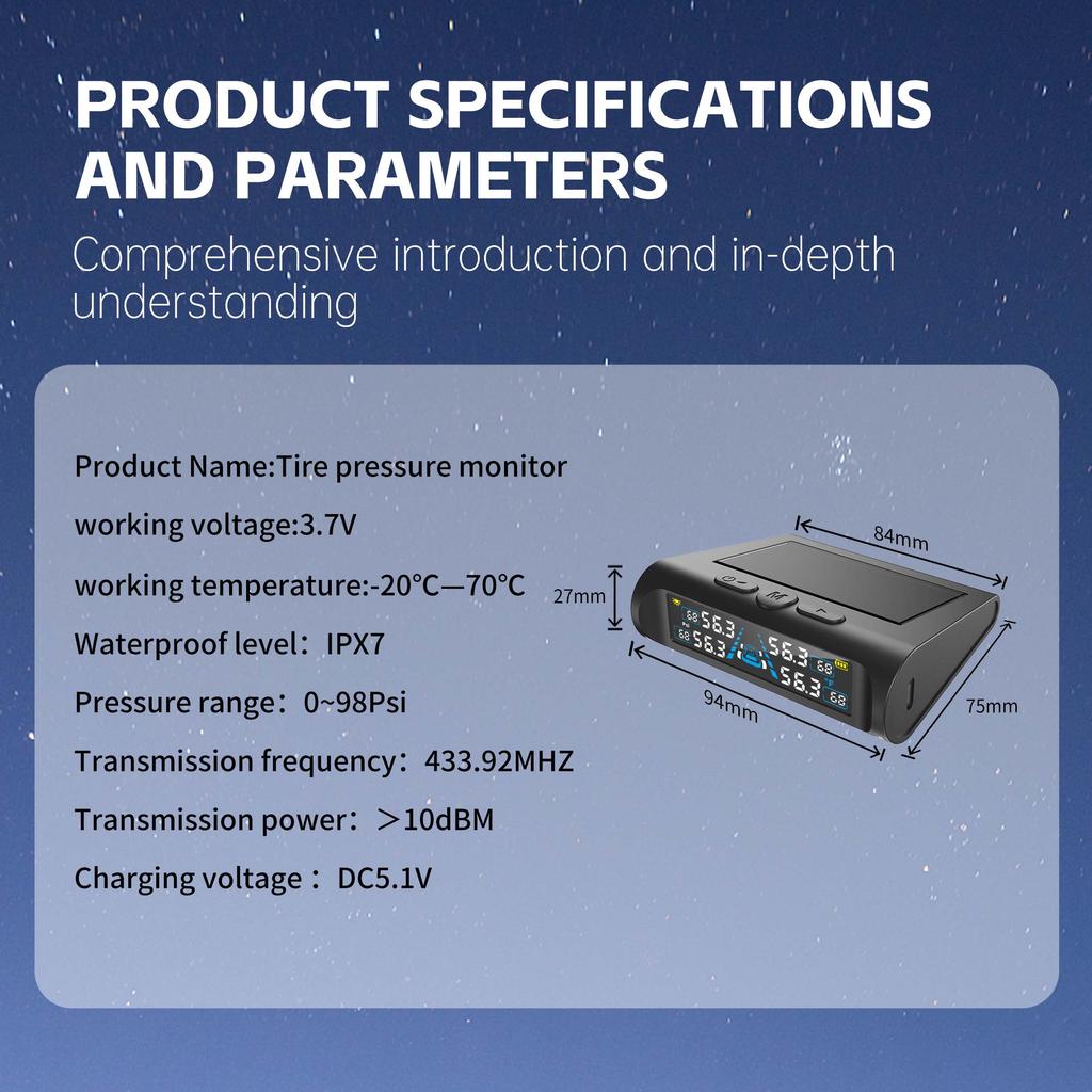Smart Solar TPMS Tire Pressure Monitoring System with Fast Alarm and Dual Charging