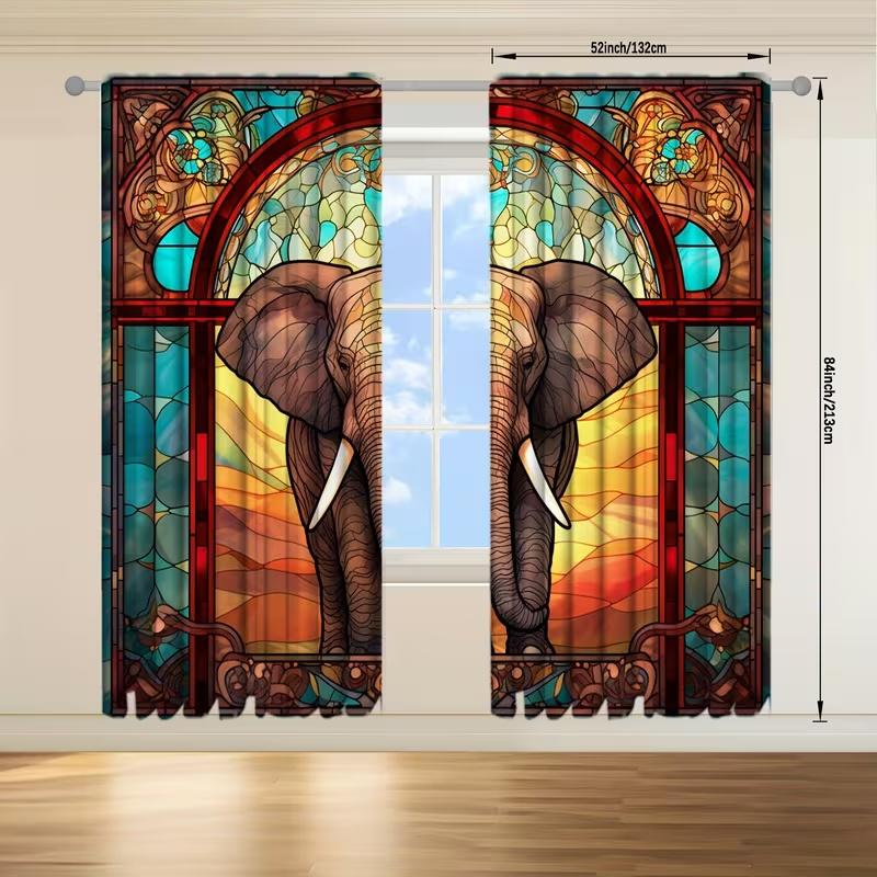 Set Of 2 Elephant Print Curtains Suitable Bedroom Living Room Kitchen Decoration Home Window Curtain Polyester Ideal For Great