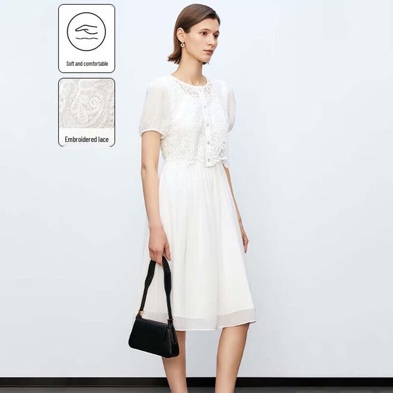 

JESSIE Elegant Embroidered Lace Faux Two-Piece Dress M