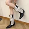 Fashion Retro Pointed Toe Women's Boots Block Heel 2025 Summer New Embroidered Mid-leg Boots