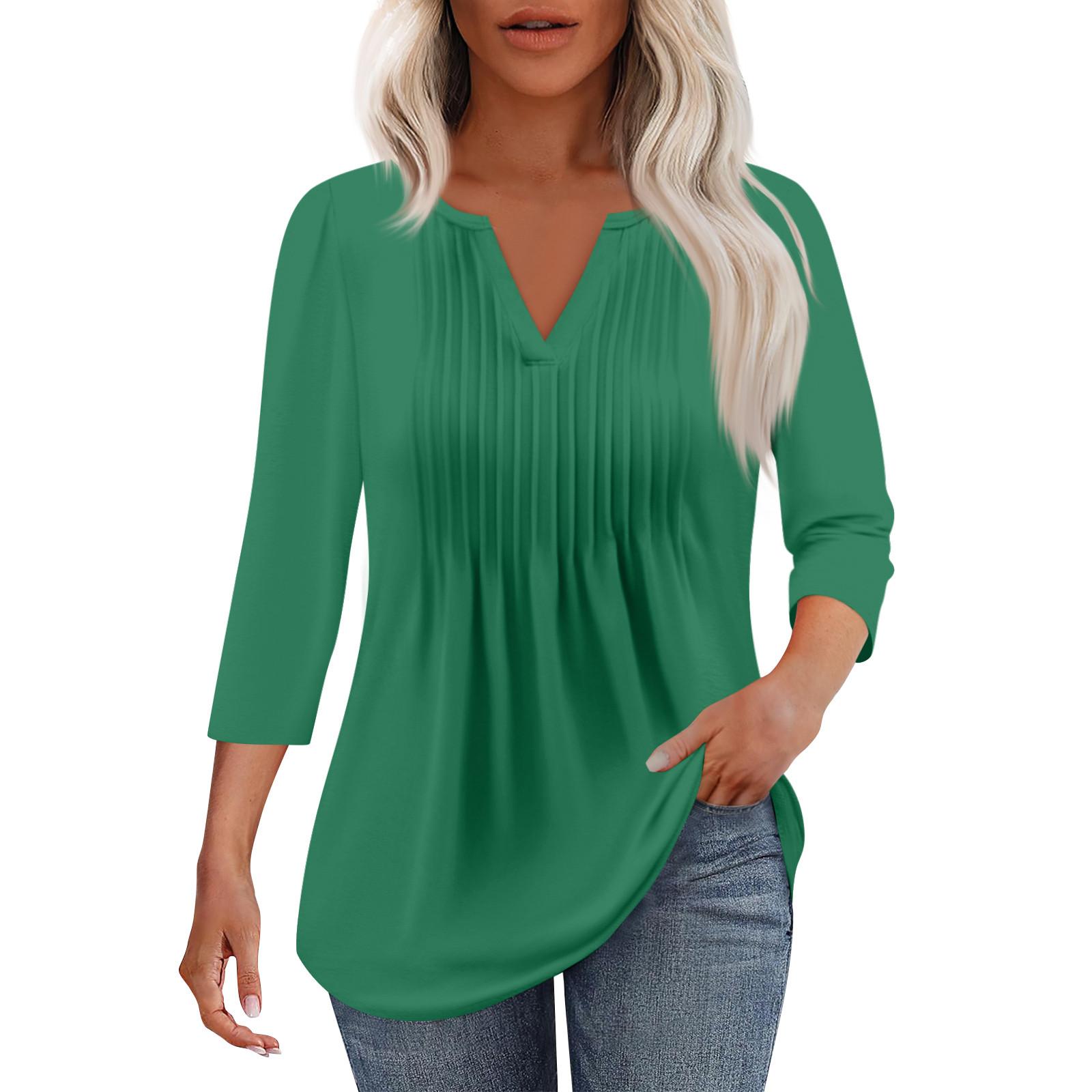 

Женская модная повседневная плиссированная футболка с V-образным вырезом и рукавом семь четвертей XXXL