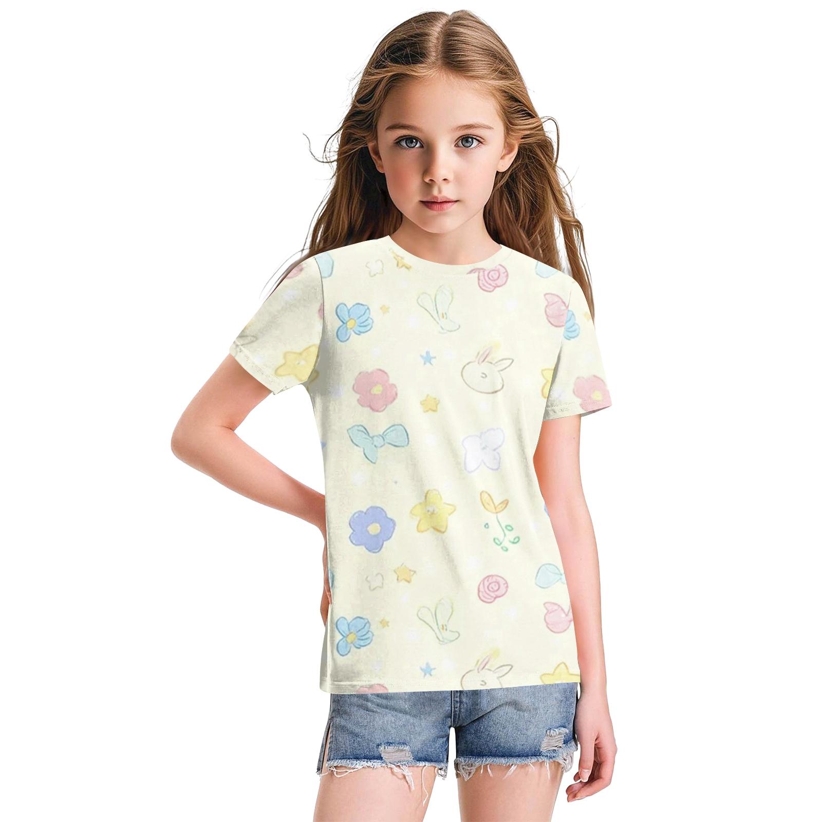 

Girls Short Sleeve Crew Neck T Shirt with Animal and Floral Print Casual Loose Fit Soft Top for Kids 100 бежевый