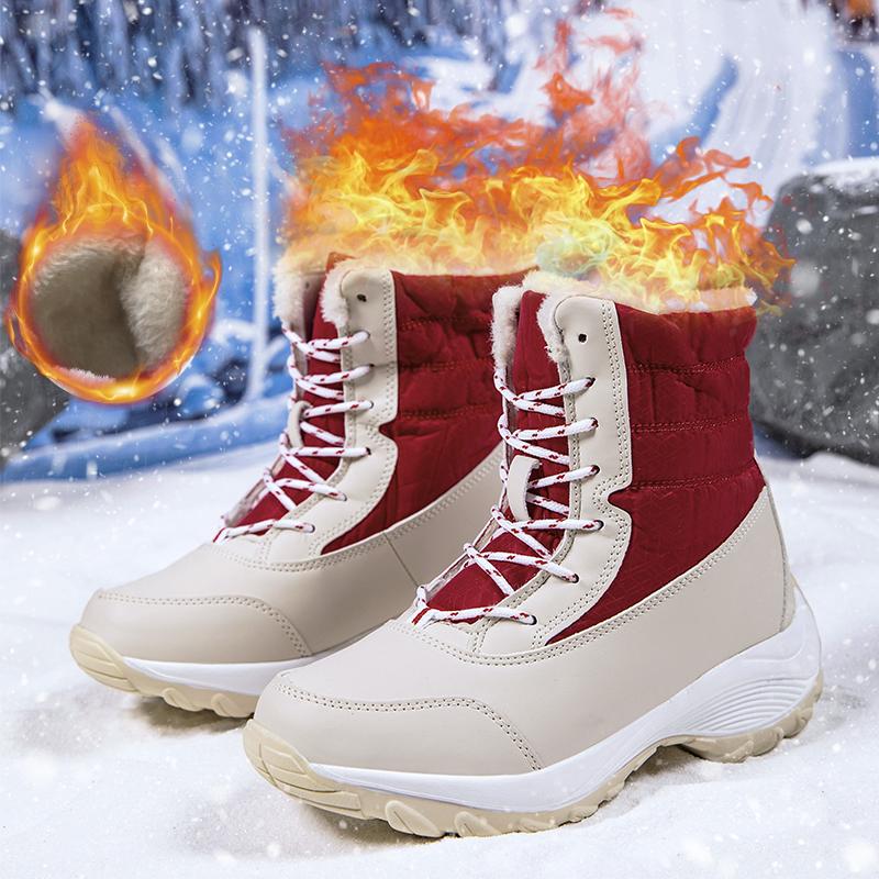 Damskie Zimowe Buty Śniegowce, Ciepłe Wodoodporne Sznurowane Buty, Wygodne Outdoorowe Buty do Połowy Łydki