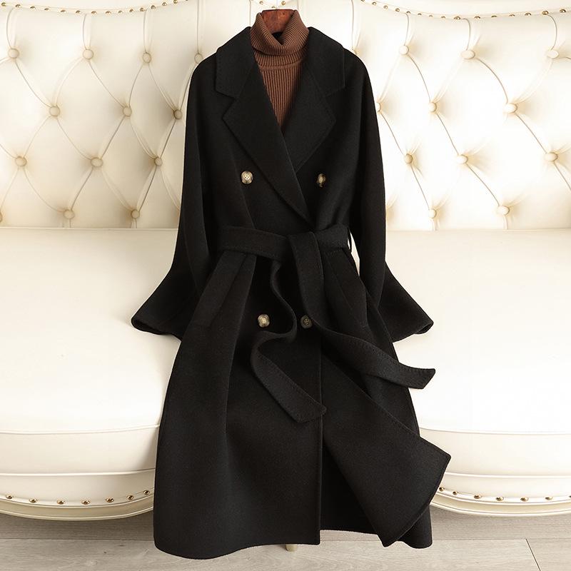 M Familie High-End Wollmantel: Doppelseitig, Überknie, Hepburn-Stil für Damen