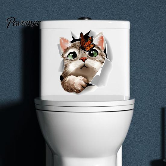Waterproof Bathroom Sticker Cartoon Cat Butterfly Toilet Sticker, Removable Lid Decor Stickers Decorative Decal, Self-Adhesive Wall Accessories