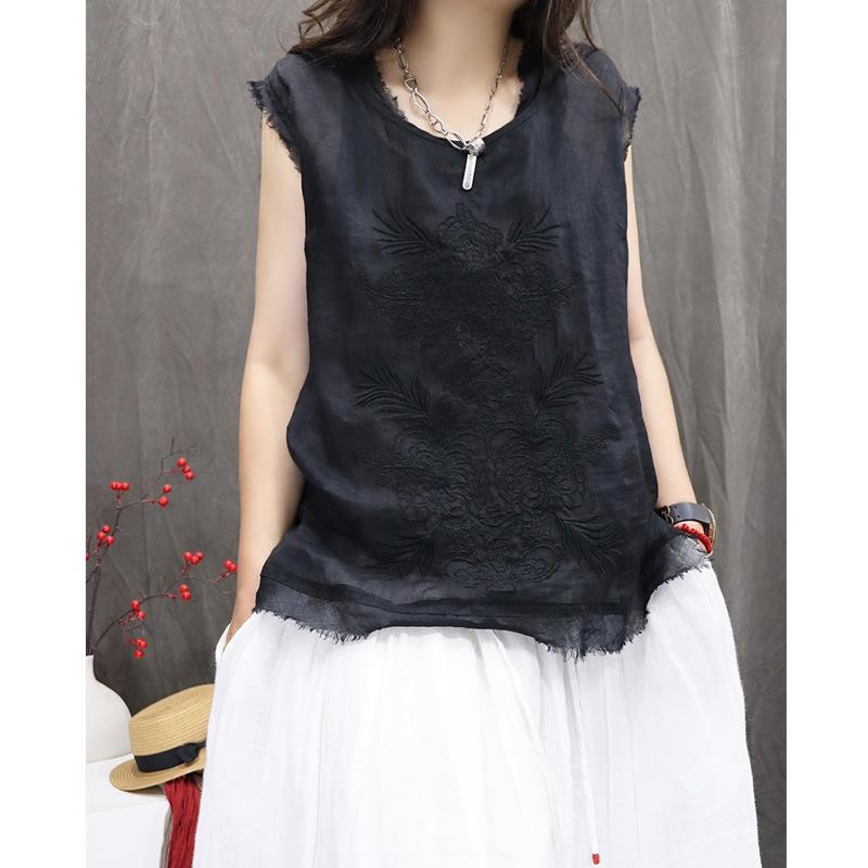 2025 Summer Sleeveless Retro Cotton-Linen Embroidered Vest XL