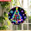 2D Flat 20*20cm1pc Neon Glow Design Color Christmas Tree&snowflake Patterns Circular Wooden Sign, Star Shape Christmas Treed Glitter Dots Theme Nament