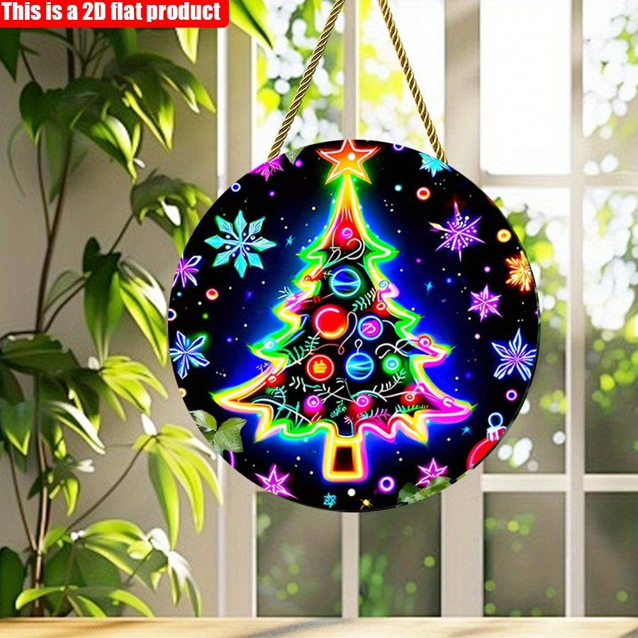 2D Flat 20*20cm1pc Neon Glow Design Color Christmas Tree&snowflake Patterns Circular Wooden Sign, Star Shape Christmas Treed Glitter Dots Theme Nament