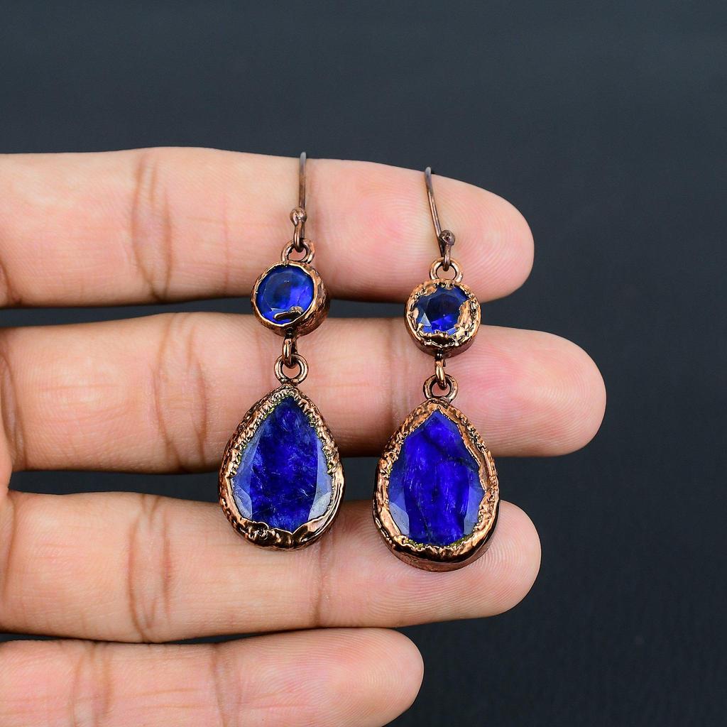 Sapphire Copper Electroformed Earrings, Handmade Gemstone Earrings Jewelry, Gifts For Wife Brand New Earrings