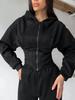 Olivgrüner Kapuzen-Reißverschluss-Romper-Jumpsuit