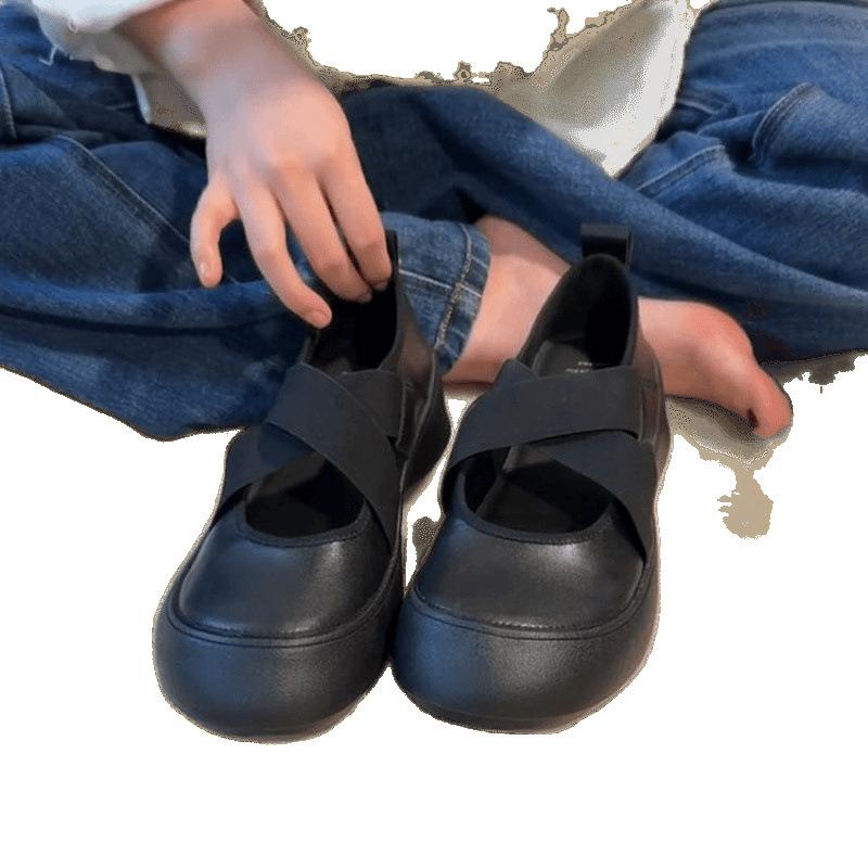 Leather Platform Sports Style Women's Cross Elastic Mary Jane Shoes Single Shoes