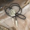 Handmade Jewelry Bolo Tie Western Cowboy Faux Leather Rope Necktie with Indian Head Metal Feathered Pendant Necklace