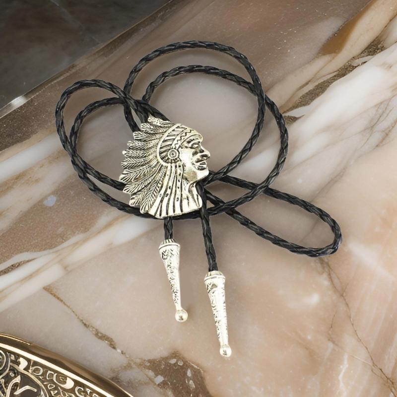 Handmade Jewelry Bolo Tie Western Cowboy Faux Leather Rope Necktie with Indian Head Metal Feathered Pendant Necklace