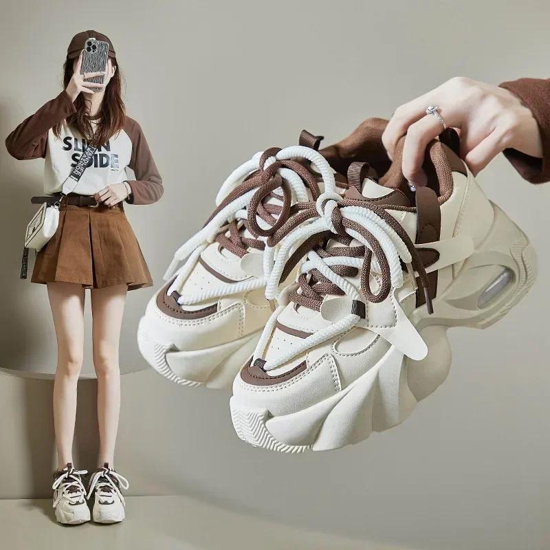 

Женские кроссовки на толстой подошве, дышащая спортивная обувь на платформе для женщин, модная обувь на вулканизированной толстой подошве 35 бежевый