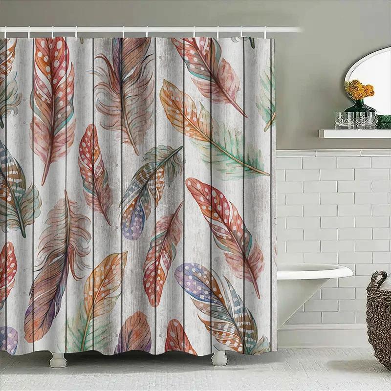 Feather Print Shower Curtain Waterproof Bath Decorations Multicolored Rustic Country Style Home Decoration 3D Printed Shower Pan