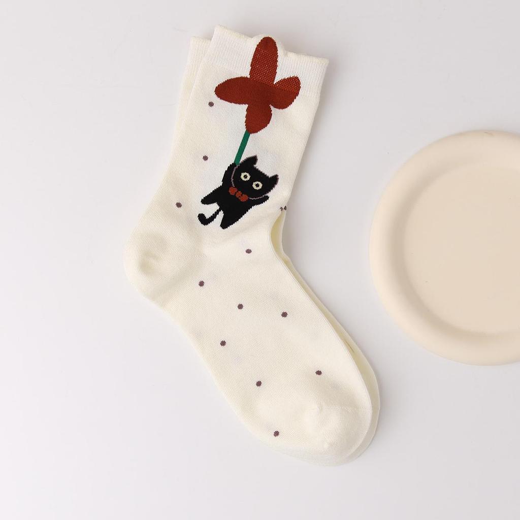 Cute Cartoon Cat Print Mid-tube Socks For Women Spring Autumn Knitted Sweat Absorb Sock Female Ins Korean Harajuku Long Socks