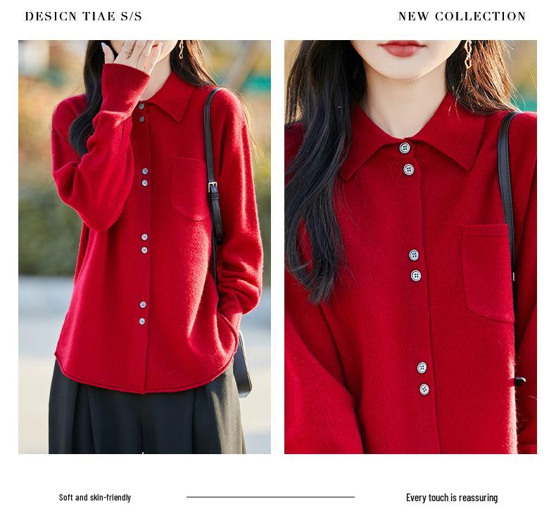 Women's Pure Wool Knit Cardigan Jacket - Spring/Autumn 2025 POLO Collar, Korean Style, Slimming, Loose Fit, Button-Up Sweater