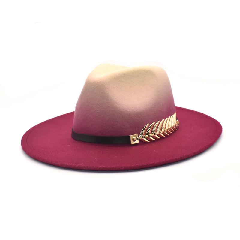 NEW gradient Wide Brim Wool Felt Jazz Fedora Hats Leaf BuckleBritish style Trilby Party Formal Panama Cap Dress Hat Winter