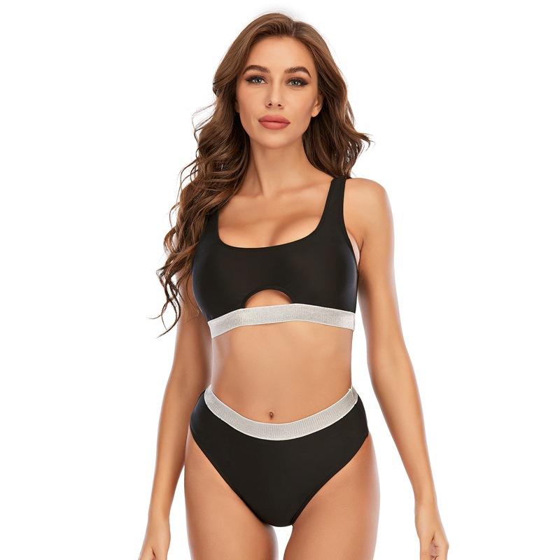 European and American solid color swimsuit women s webbing triangular split swimsuit tankini S чёрный