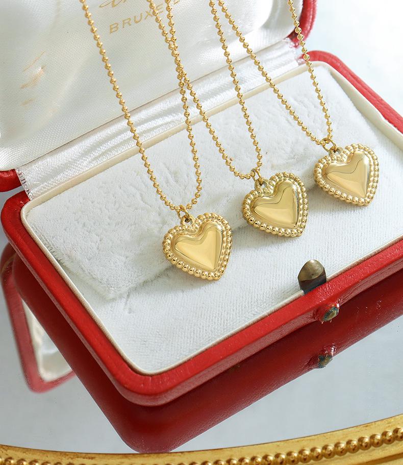 Trendy European & American Couples Peach Heart Necklace & Bracelet Set, Titanium Steel, 18K Gold Plated, Round Bead Chain.