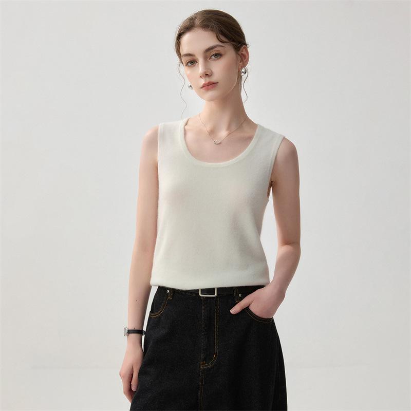 Lekasha Women's Cashmere U-Neck Camisole Sweater - Autumn/Winter Solid Color Knit