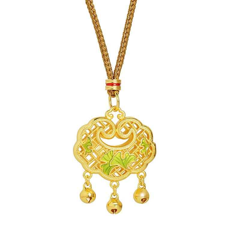 New Chinese Style Oil Dripping Ginkgo Leaf Ruyi Lock Hand-woven Rope Chain National Fashion Necklace Pendant